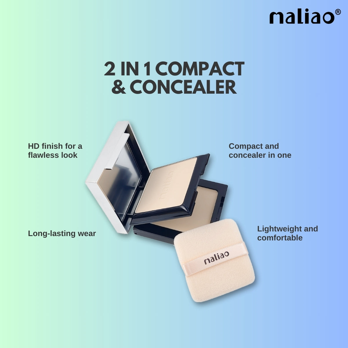 Maliao 2 in 1 Compact & Concealer - HD Finish, Long-Lasting, Lightweight